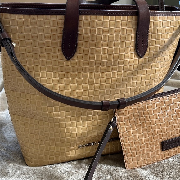 Dooney & Bourke Handbags - Dooney & Bourke Tan Woven Tote with Dark Brown Trim